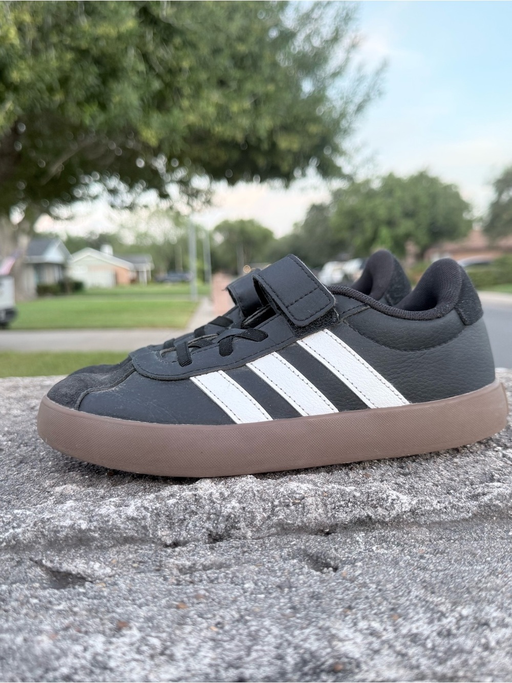 adidas Kids Black Sneakers with White Stripes and Brown Sole